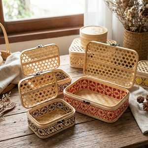Woven Bamboo Storage Box with Lid Boho Home Decor Natural Rectangular Basket for <b>Shelf</b> Colorful Geometric Pattern Organizer Viet - Product Image 2