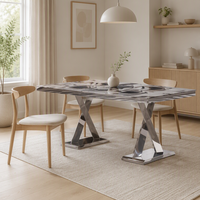 Table à manger rectangulaire moderne en marbre avec plateau en pierre et base métallique pour hôtel et restaurant - Vente en gros
