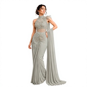 Sari en crêpe de soie prêt-à-porter avec broderie et travail de sequins, chemisier cousu, sari de soirée - Product Image 1