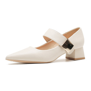 Zapatos Mary Jane de Color Sólido Blanco con Tacón Bajo y Grueso, Punta Puntiaguda, Estilo Slip-On para Uso Diario - Product Image 5