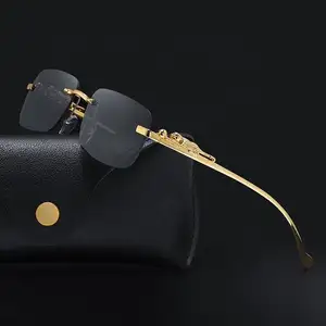 Hoge Kwaliteit Branding Designer Randloze Zonnebril Met Logo Luxe Luipaard Hoofd Frame Vorm Kleine Vierkante Bril Voor Dames Mannen
