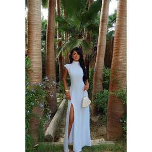 Blue Solid <b>Dress</b> with Slit Detail Elegant Square Collar Empire Waist XL Size for Day <b>Club</b> Party Wear - Product Image 5