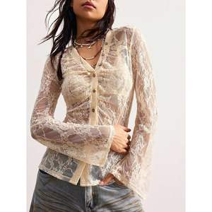 Chemisier en dentelle personnalisé 2026 pour femme, col en V transparent, manches longues, style sexy pour soirée - Product Image 4