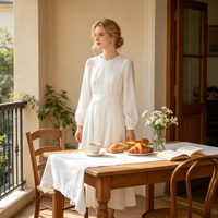 Robes longues en gros pour femmes, robe à manches longues, OEM personnalisée, en lin blanc, avec taille plissée et col à volants, robe décontractée
