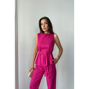 Conjunto de blusa y pantalón de lino fucsia modelo Massimo para mujer, talla S, ropa elegante para oficina - Product Image 4