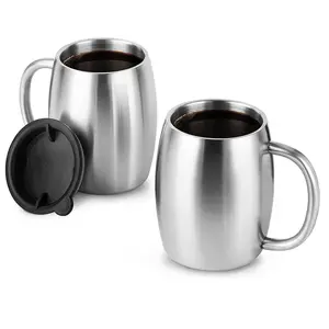 De gros tambours café tasse-Tasse isotherme double épaisseur en acier inoxydable 304, chope à bière, ventre, poignée de café, avec présentoir à main