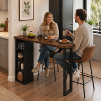 Table de bar étroite décorative moderne de 1050 mm de hauteur avec rangement, plateau en bois, structure en acier, table basse pour cuisine et mobilier de maison