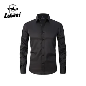 Casual Single Breasted Slim Fit Cardigan Solid Color Business Polyester Stand Collar Clothes Long Sleeve Mens Shirts