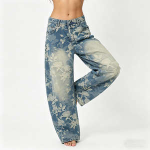 Pantalones Vaqueros Holgados de Mezclilla Azul para Mujer, Diseño Floral <span class=keywords><strong>Jacquard</strong></span>, Corte Holgado y Relajado, Estilo Urbano - Product Image 3