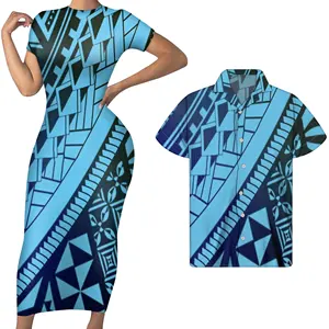 2Pcs 세트 짧은 소매 Bodycon 맥시 드레스 사용자 정의 블루 원래 폴리네시아 부족 디자인 커플 일치하는 의류
