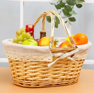 Wholesale Handmade Natural Wicker Woven Bread Fruit Vegetable Storage Basket Shopping Picnic Basket With Cloth Liner And Handle