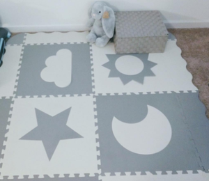Alfombra <span class=keywords><strong>de</strong></span> juego <span class=keywords><strong>de</strong></span> espuma <span class=keywords><strong>eva</strong></span> para niños, protección segura, sin químicos, gris, blanco, sol, <span class=keywords><strong>luna</strong></span>, estrellas, nube, para gatear - Product Image 2