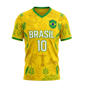 Maglia Sportiva del Brasile # 10 – Maglietta da calcio gialla con design di jaguar e Cristo Redentore - Product Image 1