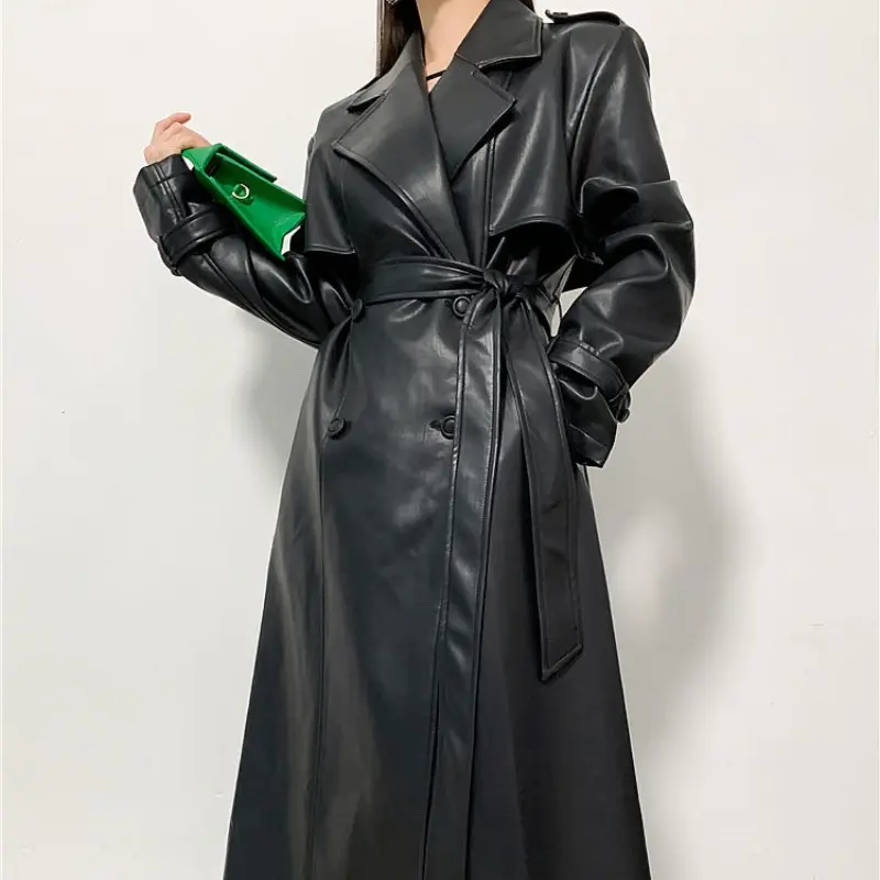 Casaco longo de couro PU para mulheres, casaco de alta moda de design europeu, roupa de exterior folgada dupla de couro sintético
