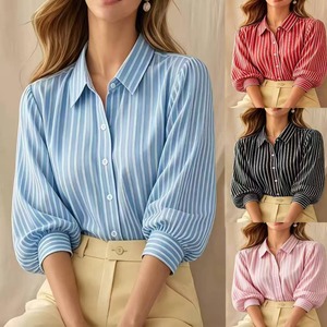 T739 2026 베스트셀러 스트라이프 7부 퍼프 소매 우아한 라펠 블라우스 (여성용) - Product Image 2