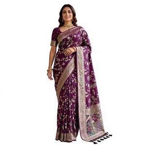 Purple Banarasi Silk Saree Zari Floral Weaving Traditional Indian Wedding Party <b>Dress</b> for Women - Product Image 1