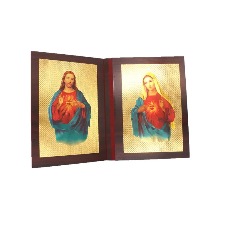 Jezus Icon Wood Craft Virgin Mary Standbeelden Religieuze Gift Houten Boek Christian Home Decoratie Vintage Byzantijnse Bladgoud