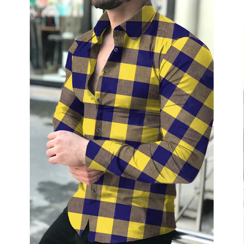 Camisa xadrez masculina com mangas compridas, camisa xadrez casual da moda preta, slim fit, nova, 2021