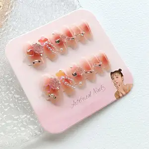 3D camellia flower crystal red false tips japanese korean luxury press on nails with glue remover tool set