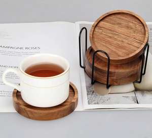 현대적인 아카시아 나무 컵받침 세트(스탠드 포함) 가정 사무실 커피 차 음료 컵받침 나무 매트 패드 4개/6개 세트 - Product Image 5