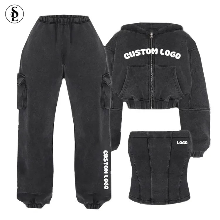 2023 özel kadınlar Streetwear asit yıkanmış kırpma ceket tüp kargo pantolon Vintage yıkanmış Zip Hoodie Vintage sıkıntılı Sweatsuits seti