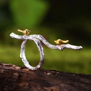 Gioielli di moda Hip Hop 925 in argento Sterling anelli Vintage fatto a mano originale di design uccello sul ramo per le donne uomo regalo - Product Image 1