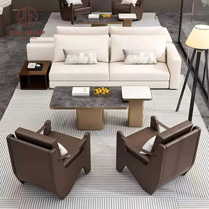 Ensemble de mobilier de restaurant moderne beige, canapé trois places avec deux fauteuils individuels marron foncé et table basse rectangulaire pour café - Product Image 1