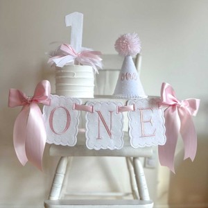 Bannière de chaise haute pour adulte PAFU en satin rose et bleu avec nœud, décoration pour fête de 1er anniversaire - Product Image 3