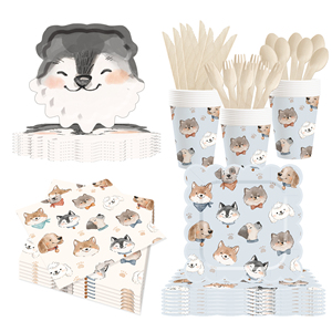 DAMAI Dog <b>Head</b> Themed Paper Plate with Necklace Light Blue Lace Wave <b>Style</b> Disposable Paper Plate Paper Cup Napkin Party Supply - Product Image 1