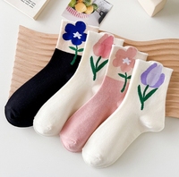 Kaus kaki anak perempuan, busana lucu kaus kaki gadis, baju jalan, pola, gaya Korea, baru Crew bunga Tulip, 86% katun kasual standar