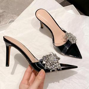 Sandalias de Tacón Alto con Punta en Pico para Mujer, Adorno de Pedrería, Tacón Delgado, Parte Superior de PU, Entresuela de Goma, Calzado Elegante y Sexy para Vestir - Product Image 3