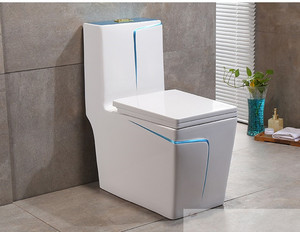 <span class=keywords><strong>WC</strong></span> monobloc en céramique KD-19CTA Chaozhou, design <span class=keywords><strong>bleu</strong></span>, avec siphon intégré, cuvette carrée pour salle de bain avec ligne bleue - Product Image 1