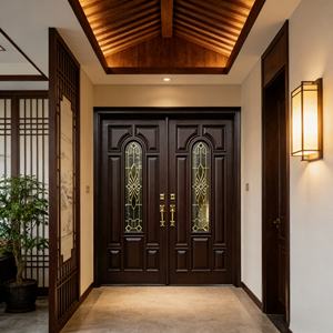 Portes d'entrée doubles en verre anti-effraction de haute qualité en bois massif pour villas contemporaines - Product Image 2