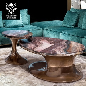 <span class=keywords><strong>Table</strong></span> basse de luxe italienne de forme ovale avec dessus en marbre naturel et base en acier inoxydable Mobilier de maison haut de gamme - Product Image 2