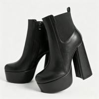 Bottines Chelsea noires en similicuir pour femme, à plateforme, avec fermeture éclair latérale élastique, bout rond, talon bloc épais et tirette.