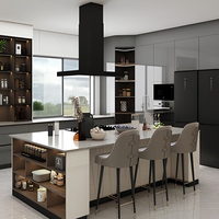 AMAZBUILD Meubles de cuisine modernes en verre sur mesure avec éclairage LED, étagère ouverte et robinet pour villa de luxe