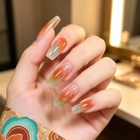 Uñas Postizas Color Naranja Atardecer Degradado a Azul, Forma Ataúd, Medianas y Largas, Removibles, para Uso Diario