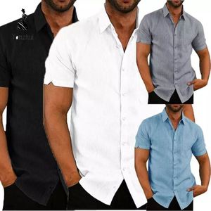 Chemises décontractées <span class=keywords><strong>de</strong></span> luxe pour hommes à manches courtes et col rabattu, en lin ample, avec poche poitrine, coloris noir, blanc, gris, bleu - Product Image 4
