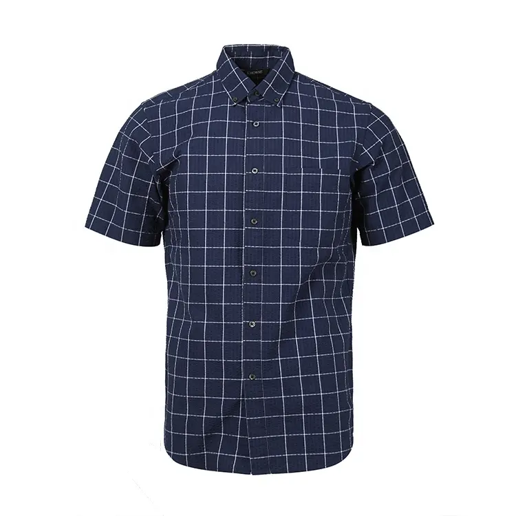 High quality custom made fashion crinkle style mens button down plaid short sleeve shirts for summer