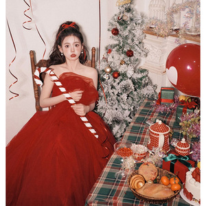 Red Strapless Ball Gown Cocktail Dress With Ruffles Natural Waistline For Wedding Banquet Photography Studio - Product Image 4