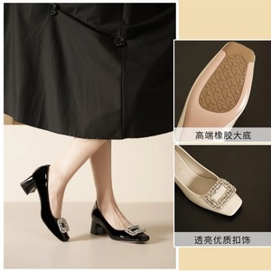 Escarpins de style français pour femmes, bout carré, talon carré, en cuir verni, avec boucle en strass, chaussures habillées formelles, hauteur de talon 3cm-5cm - Product Image 5
