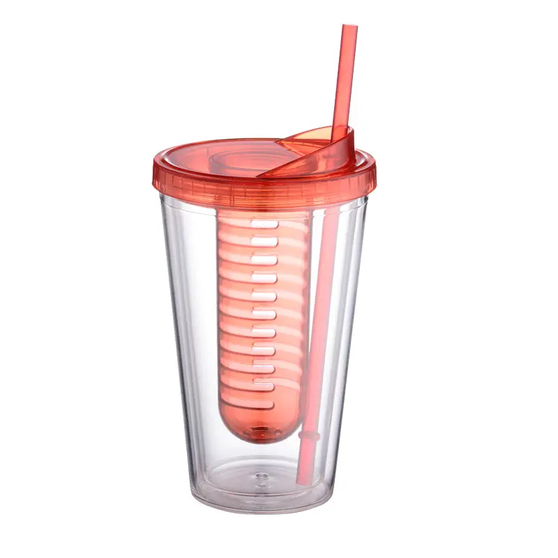 GZYSL Custom logo Reusable infuser juice 16oz Double Wall Clear Plastic Fruit Infusion Tumbler Cups with Straw