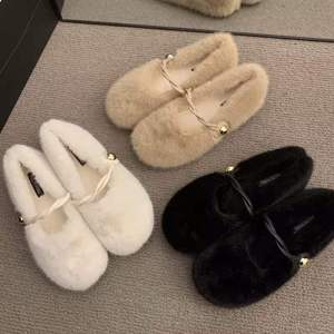 Traje de Otoño Invierno, zapatos de felpa para mujer, zapatos planos con forro polar para mujeres embarazadas, felpa suave, guisantes franceses de noche, algodón - Product Image 1