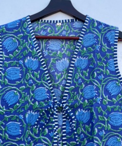 Handmade Blue Floral Printed Cotton Short Puffer <b>Waistcoat</b> <b>Women's</b> Open Front V-Neck Dori Vest Jacket Casual Outer Wear - Product Image 2