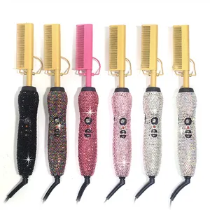 And Hot Comb Set with Dimionds Gold Bling Titanium Custom Flat Iron Dropshipping 2 in 1 Ceramic Logo Comb Brush Set