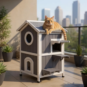 Maison pour chat en bois à deux étages de style ferme moderne, abri résistant aux intempéries avec porte d'évacuation et design mobile - Product Image 4