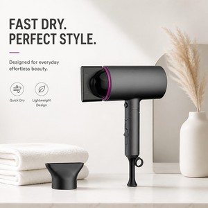 Sèche-cheveux professionnel Torlin haute vitesse pour hôtel et extérieur, avec diffuseur et concentrateur, compact, taille pliée 14 cm, design pliable, 1800W DC - Product Image 1