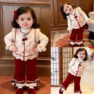 Girls Chinese Style Hanfu Two Piece Winter Set Thickening New Year Outfit With Fur Trim Red Festive Birthday Clothing - Product Image 4