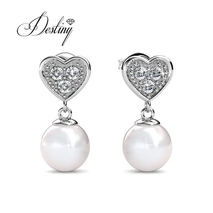Sterling Silver 925 Premium Austrian Crystal Jewelry Fashion Heart Poker Pearl Stud Earrings Destiny Jewellery
