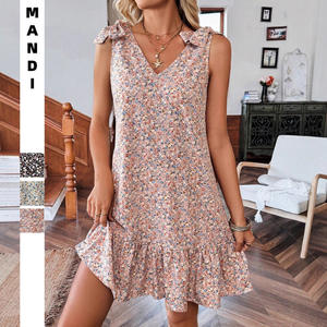 Robe courte d'été pour femme, style bohème, imprimé floral, col en V, volants, taille haute, coupe trapèze, respirante, bretelles spaghetti, pour les fêtes - Product Image 2